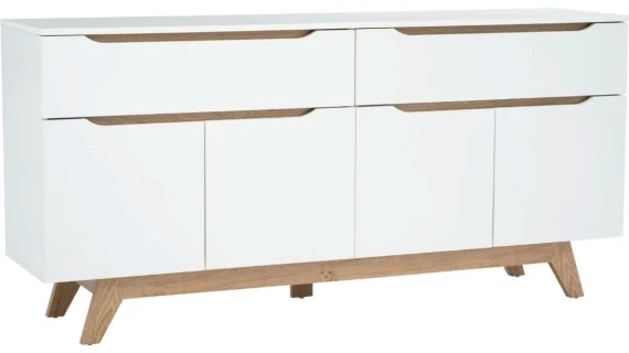 Buffet Mando 1.6M en design scandinave blanc/chêne avec 4 portes et 2 tiroirs