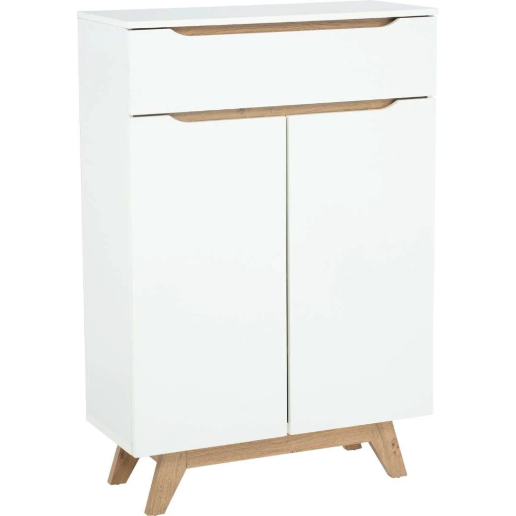 Meuble Multifonction Mando en design scandinave blanc et chêne, avec 1 tiroir et 2 portes, idéal pour les intérieurs sénégalais