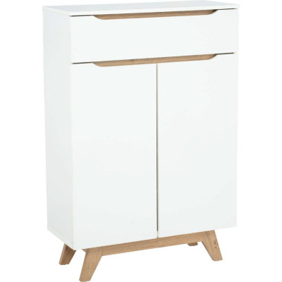 Meuble Multifonction Mando en design scandinave blanc et chêne, avec 1 tiroir et 2 portes, idéal pour les intérieurs sénégalais