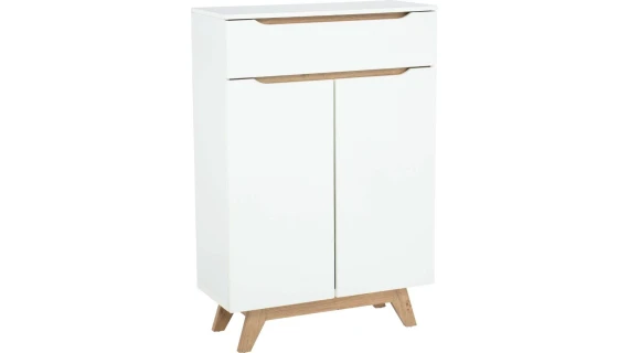 Meuble Multifonction Mando en design scandinave blanc et chêne, avec 1 tiroir et 2 portes, idéal pour les intérieurs sénégalais