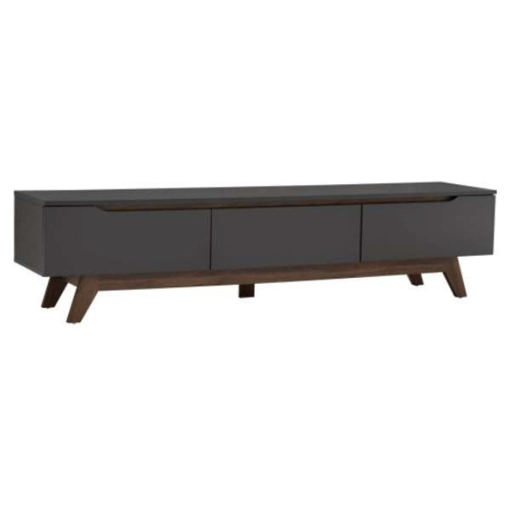 Meuble TV Mando 1.8M en design scandinave Oak/Black, avec 3 grands tiroirs et un plateau laqué noir mat