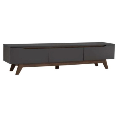 Meuble TV Mando 1.8M en design scandinave Oak/Black, avec 3 grands tiroirs et un plateau laqué noir mat