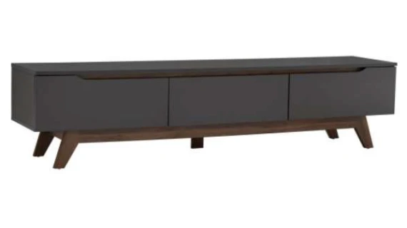 Meuble TV Mando 1.8M en design scandinave Oak/Black, avec 3 grands tiroirs et un plateau laqué noir mat