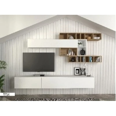 Meuble TV T716 avec Étagère Murale – Blanc/Marron Clair