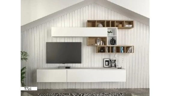 Meuble TV T716 avec Étagère Murale – Blanc/Marron Clair