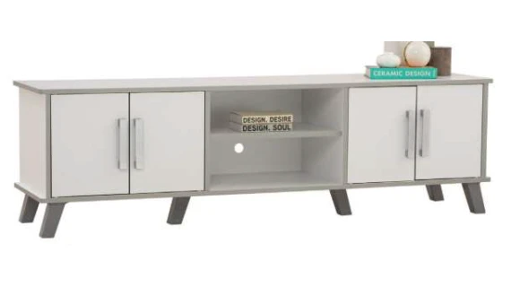 Meuble TV Naomi en blanc et gris, avec 4 portes et 2 niches, parfait pour les salons sénégalais