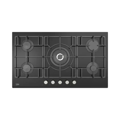 Plaque de cuisson gaz Beko HISW95226SEL 90cm avec 5 feux gaz et surface en verre noir trempé