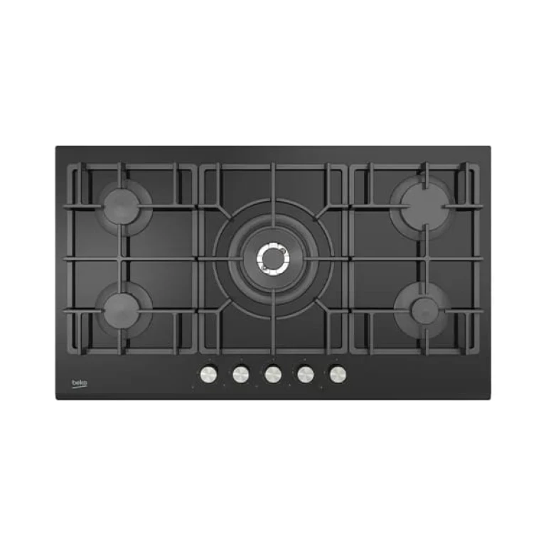 Plaque de cuisson gaz Beko HISW95226SEL 90cm avec 5 feux gaz et surface en verre noir trempé