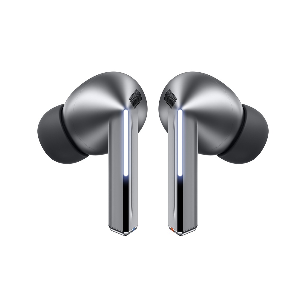 Écouteurs Samsung Galaxy Buds3 Pro en argent avec boîtier blanc