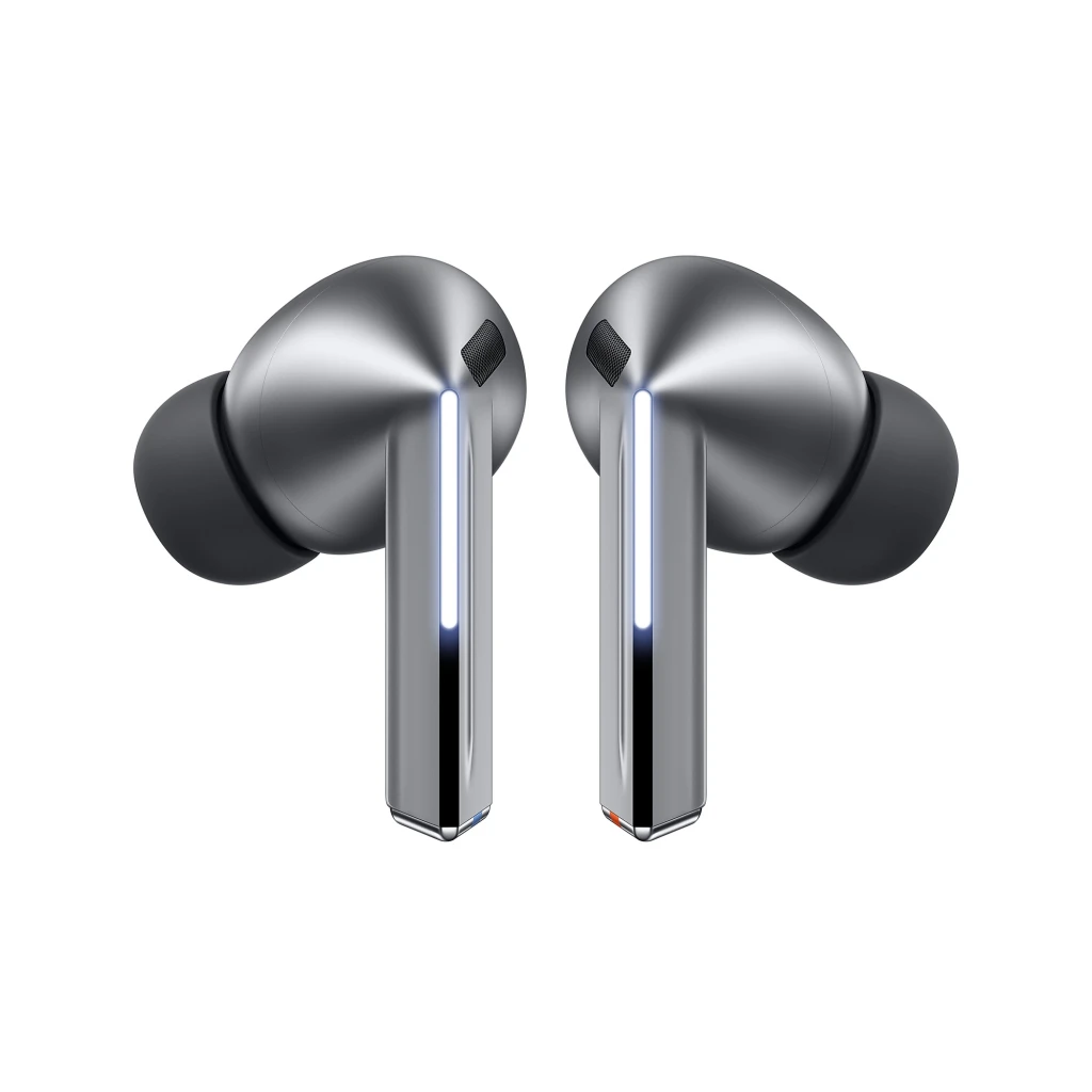 Écouteurs Samsung Galaxy Buds3 Pro en argent avec boîtier blanc