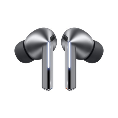 Écouteurs Samsung Galaxy Buds3 Pro en argent avec boîtier blanc