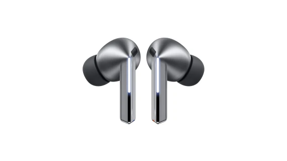 Écouteurs Samsung Galaxy Buds3 Pro en argent avec boîtier blanc