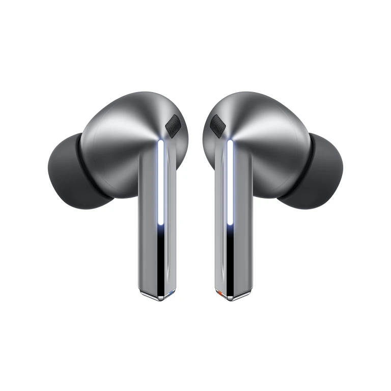 Écouteurs Samsung Galaxy Buds3 Pro en argent avec boîtier blanc