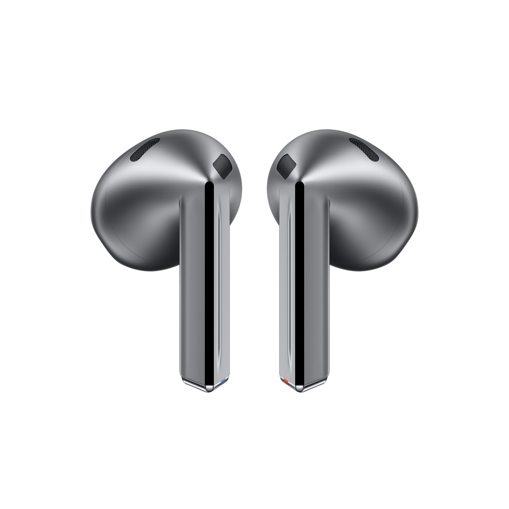 Écouteurs Samsung Galaxy Buds3 en argent et blanc, avec boîtier de charge
