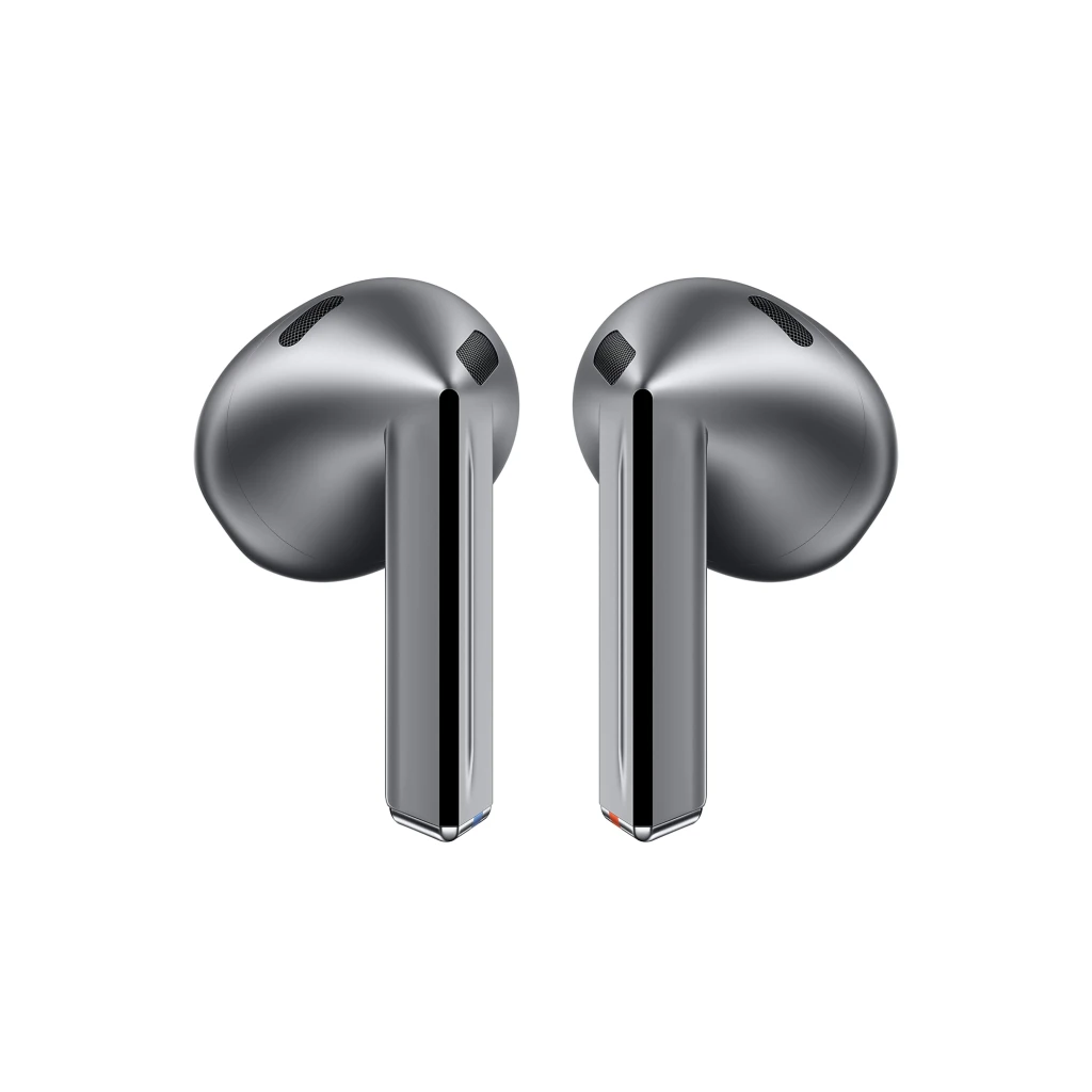 Écouteurs Samsung Galaxy Buds3 en argent et blanc, avec boîtier de charge