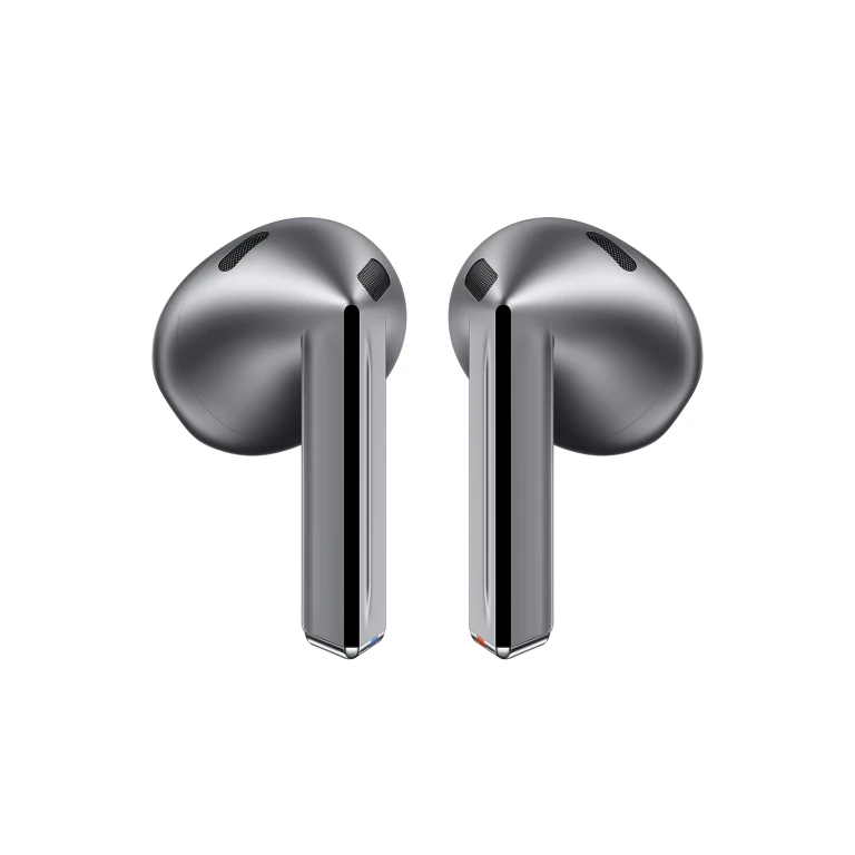 Écouteurs Samsung Galaxy Buds3 en argent et blanc, avec boîtier de charge